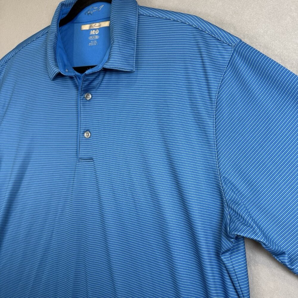 Greg Norman Shark Polo Shirt Blue StripeShort Sleeve Mens XL 3-Button Polyester - Picture 3 of 11